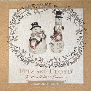 Fitz and Floyd Wintry Woods Snowman Ornament & Bell Set